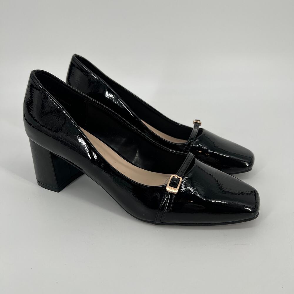 Jones New York Aubin Patent Leather Pump Women 9.5 Black Square Toe Gold Buckle